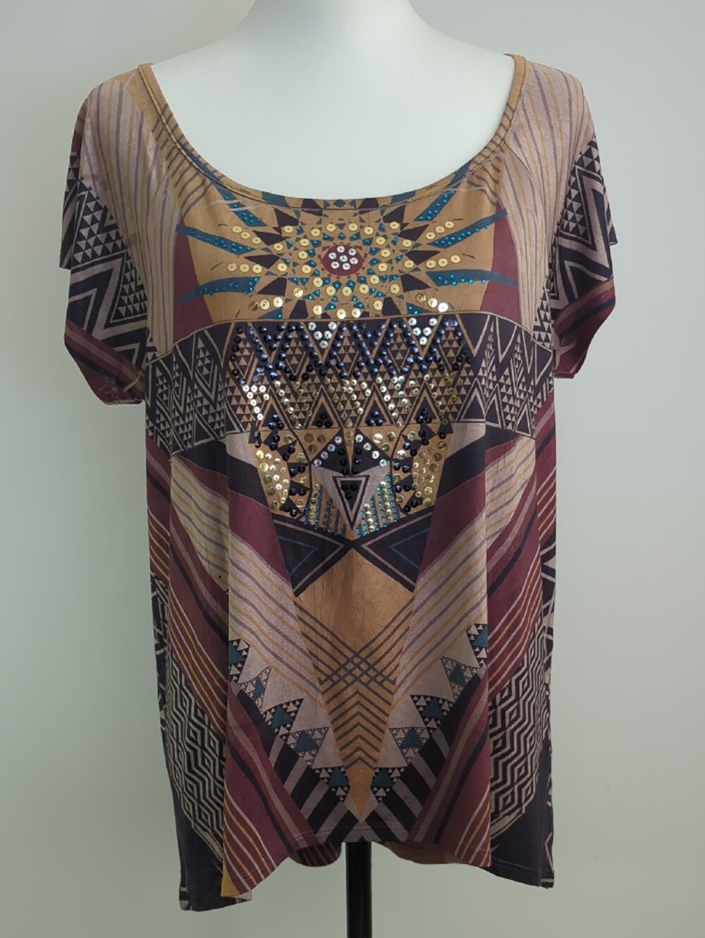 Carrie Allen Boho Tribal Geometric Embellished Sequin Terracotta Y2K Top LARGE